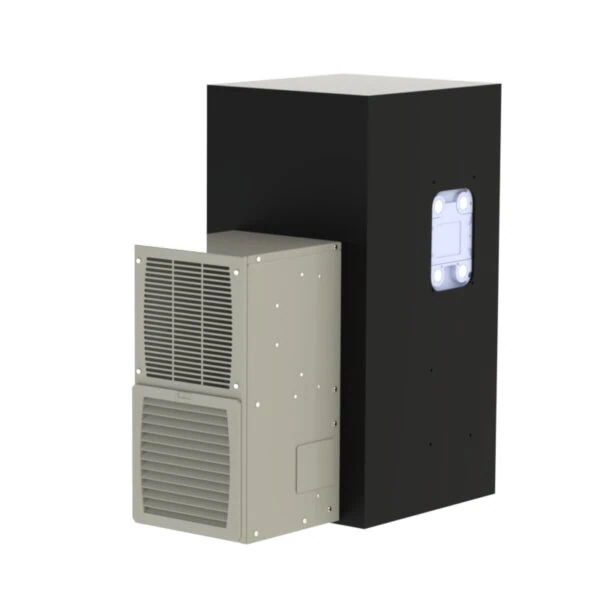 Horizontally mounted Keyence MD-U2000 Laser Head, Washdown Rated, Air Conditioned Enclosure