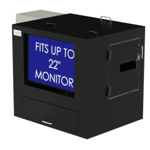 Black industrial enclosure with doors and hinges