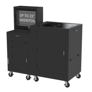 A black industrial mobile workstation on locking casters featuring multiple compartments