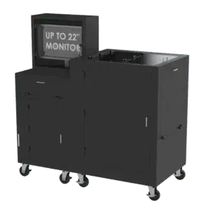 A black industrial mobile workstation on locking casters featuring multiple compartments