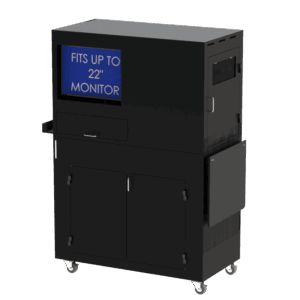 A black industrial mobile computer workstation enclosure featuring multiple compartments