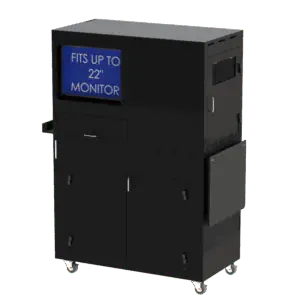 A black industrial mobile computer workstation enclosure featuring multiple compartments