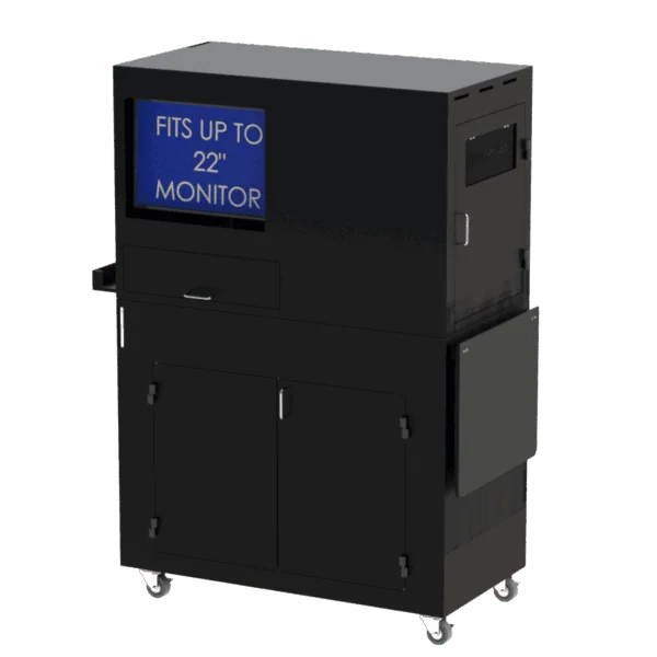 A black industrial mobile computer workstation enclosure featuring multiple compartments
