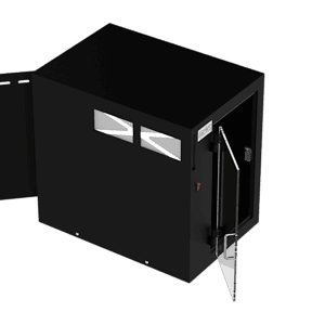 Black industrial enclosure with doors and hinges