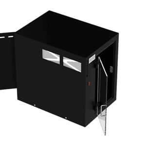 Black industrial enclosure with doors and hinges