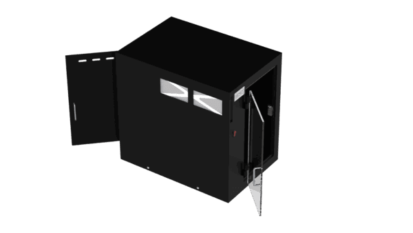 Black industrial enclosure with doors and hinges