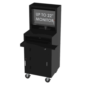 A black industrial mobile workstation on locking casters featuring multiple compartments