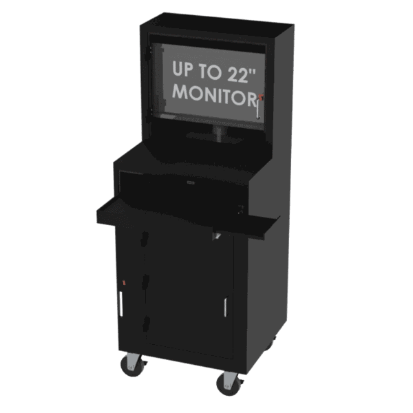 A black industrial mobile workstation on locking casters featuring multiple compartments