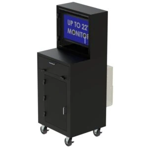 A black industrial air-conditioned mobile computer workstation enclosure featuring multiple compartments