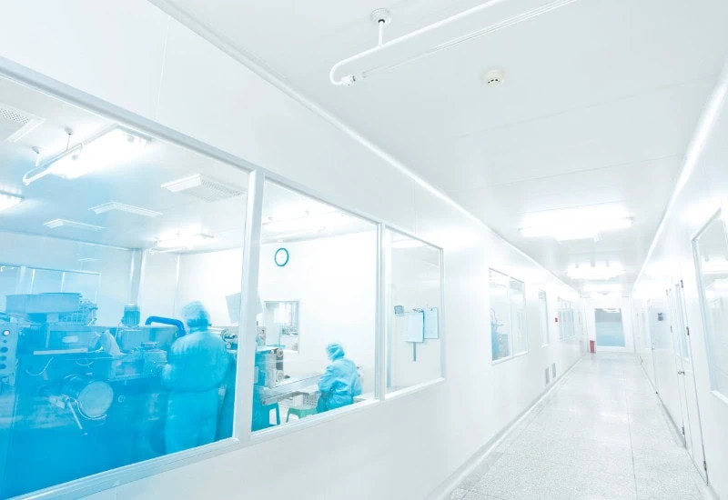 Exterior of pharmaceutical clean room with computer equipment.