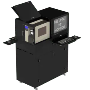 Black industrial enclosure with doors and hinges