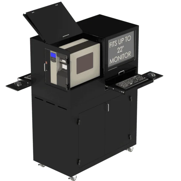 Black industrial enclosure with doors and hinges