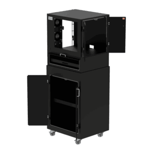A black industrial environmental mobile workstation enclosure featuring multiple compartments