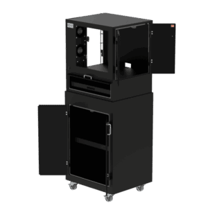 A black industrial environmental mobile workstation enclosure featuring multiple compartments