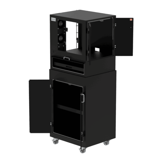 A black industrial environmental mobile workstation enclosure featuring multiple compartments