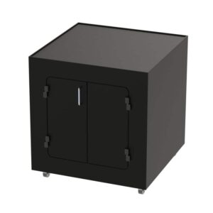 Black industrial enclosure with doors and hinges