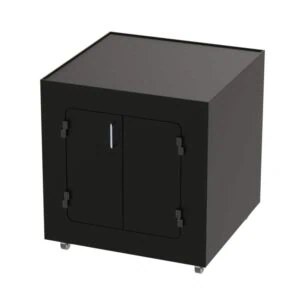 Black industrial enclosure with doors and hinges