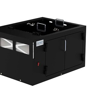 Black industrial enclosure with doors and hinges