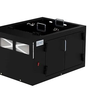 Black industrial enclosure with doors and hinges