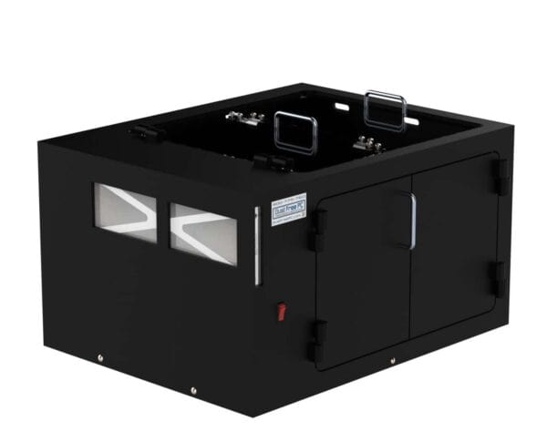 Black industrial enclosure with doors and hinges