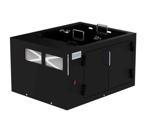 Black industrial enclosure with doors and hinges