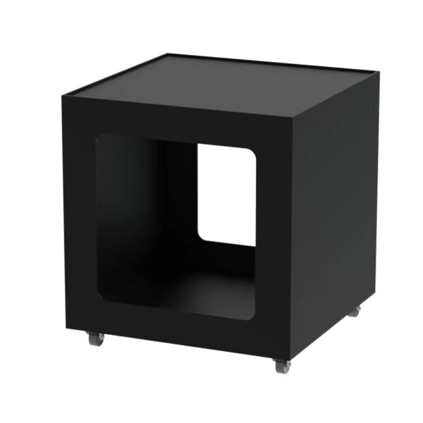 Black industrial enclosure with doors and hinges