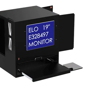 Black industrial enclosure with doors and hinges