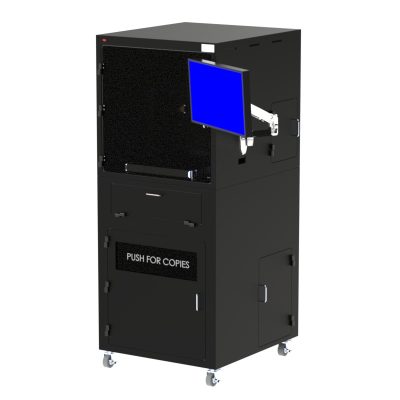 Mobile workstation for Keyence IM 8030 with articulating monitor arm and printer compartment