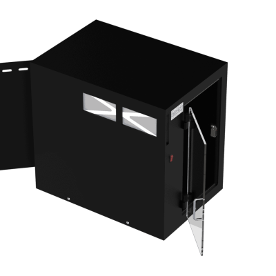 Black industrial enclosure with doors and hinges