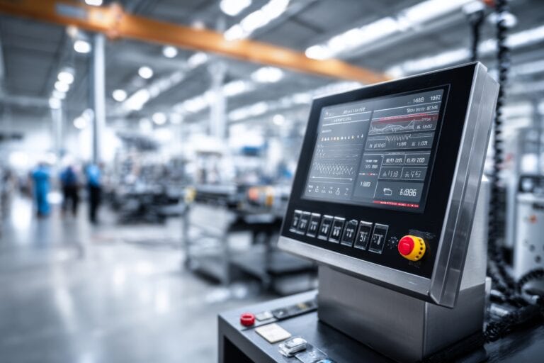 Detailed digital display indicates progress metrics of factory machine operations while workers are focused on their tasks in the background, highlighting industrial activity