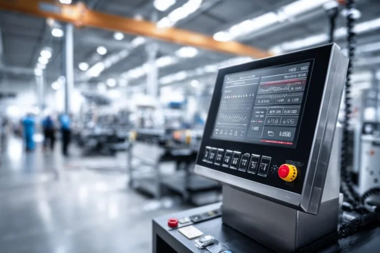 Detailed digital display indicates progress metrics of factory machine operations while workers are focused on their tasks in the background, highlighting industrial activity